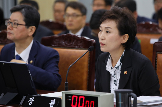 김현미 국토교통부 장관이 10일 세종시 정부세종청사 국토교통부에서 열린 국회 국토교통위원회 국정감사에서 의원들의 질의에 답변하고 있다.          연합뉴스